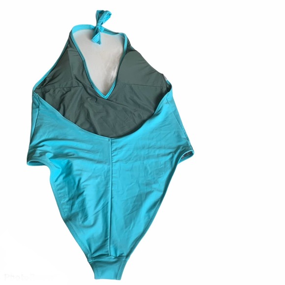 Aerie 2XL Cheeky Halter Tie Plunge One Piece Swimsuit High Cut Leg Blue Sexy XXL - Picture 3 of 13